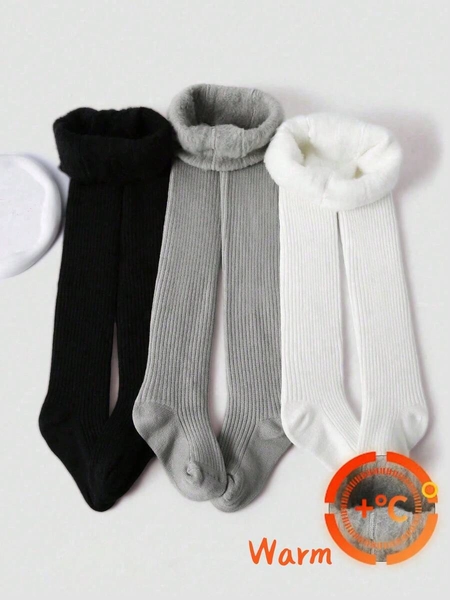 3 Pairs Toddler/Girls/Infant Solid Color Thermal Thermal Lined Leggings, Simple Vertical Stripe, Warm & Comfortable, Suitable For Autumn/Winter Daily Wear And Holidays, Random Color And Style