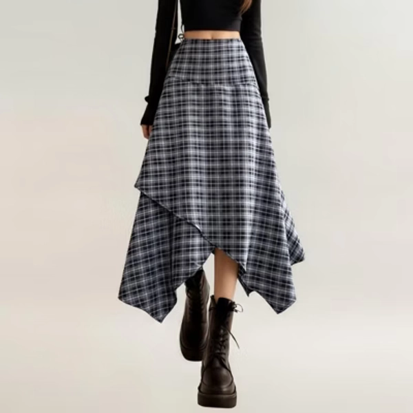 Anna-Kaci Women's Asymmetrical Plaid Midi Skirt with Layered Handkerchief Hem - Small, Black