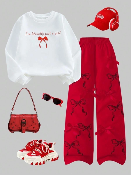SHEIN Sparklyn 8-12 Years Old Girls Red And White Cute School Back-To-School Autumn 2Pcs Set,Round Neck Sweatshirt With Bow Print&Pink Drawstring Waist Pants
