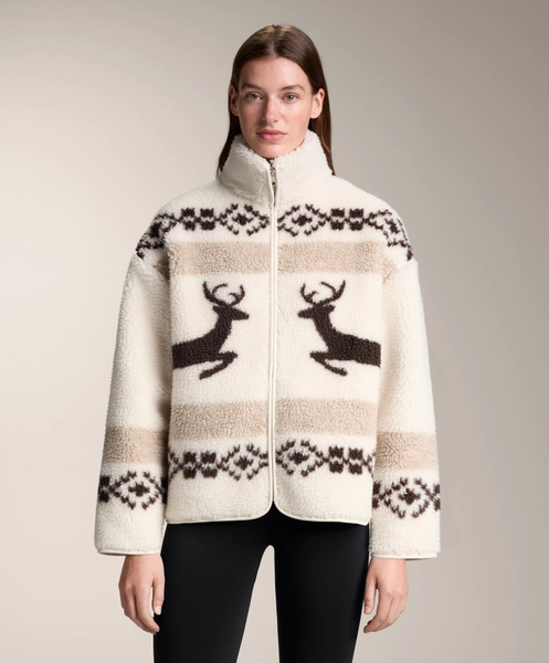 High-neck deer faux-shearling jacket.