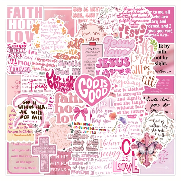 Reusable Pink Scripture Verse Stickers - Faith-Inspired Bible Quotes with Floral, Butterfly & Cross Designs for Water Bottles, Laptops, Phones, Luggage - Christian Decor, Mixed Colors, Durable Adhesive, Scripture Stickers, Laptop Decoration, Faithinspired Design, Quality Adhesive