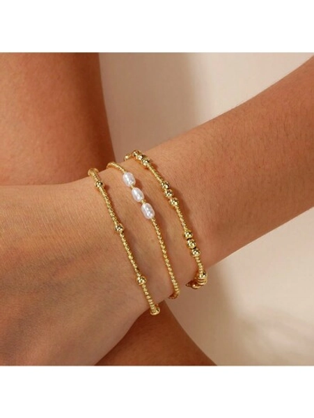 3PCS Bohemia Golden Beaded Bracelets For Women Faux Pearl Stackable 14K Gold Plated Stretch Bead Ball Bracelet Cross Jewelry Set Gifts For Woman Teen Girls Valentines Day Autumn Jewelry