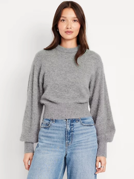 Cropped Crew-Neck Eyelash Sweater