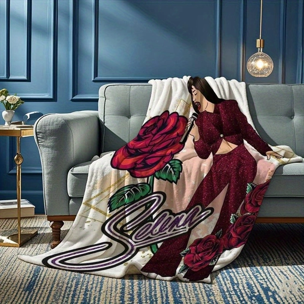 Selena Quintanilla Sketch Cartoon Fleece Blanket, 100% Polyester, Soft & Warm, 250-300g/m², Vibrant Digital Print, All-Season Use, Perfect for Home Decor & Travel Gifts