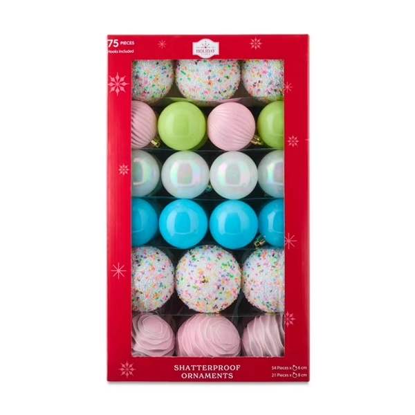 Candy Shatterproof Christmas Ball Ornaments, 9.5 in, 75 Count, by Holiday Time