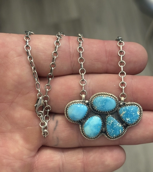 STERLING SILVER NATIVE AMERICAN SW BLUE RIDGE TURQUOISE CLUSTER BAR NECKLACE 925