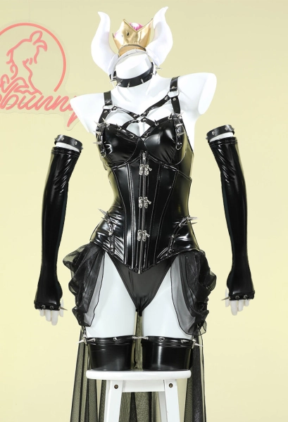 Hime Derivative Sexy Lingerie Set Black Bodysuit and Chiffon Skirt with Waistband and Earrings Cosplay Costume