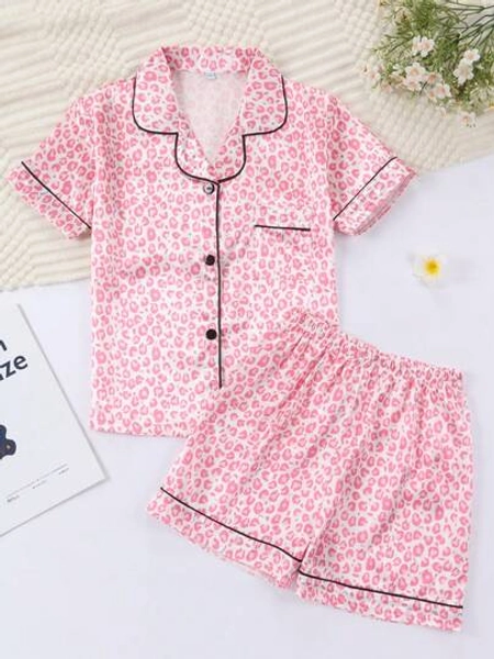 Girl Pink Leopard Pattern Pajama Set Short Sleeve Shorts Set, Suitable As A Gift For Children