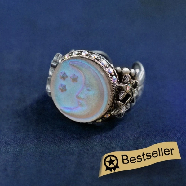 Aurora Borealis Moon Ring: Iridescent Stone, Antique Silver Finish