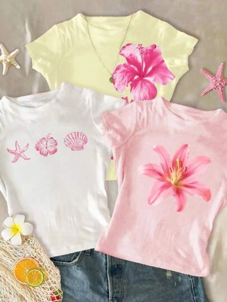 SHEIN 3pcs/Set Tween Girls Slim Fit Casual Comfortable Round Neck Long Tee, Suitable For Summer Cute Summer T Shirts Summer Graphic Tees Floral T Shirts Women Hibiscus T-Shirt Lily T-Shirt