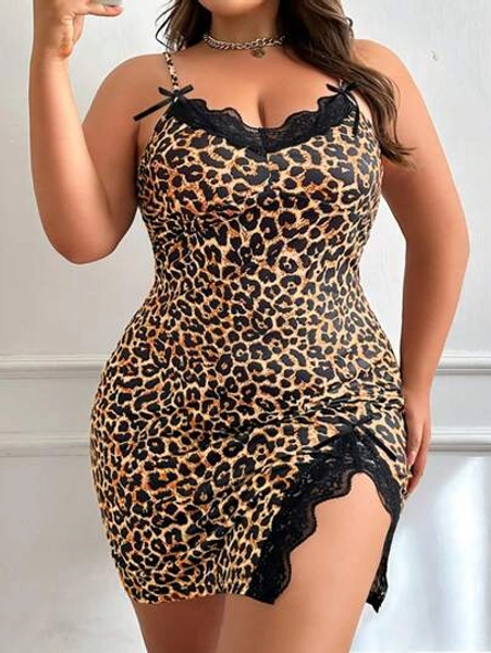 Plus Size Leopard Print Lace Splice Sleep Dress Pajama Dress With Slit And Bowknot, Summer