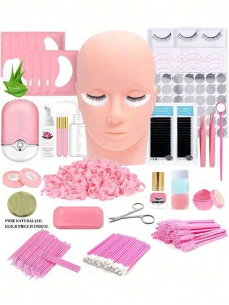 Lash Extension Kit Professional Eyelash Extensions Supplies Training For Beginners Mannequin Head Grafting Lash USB Fan Lash Shampoo Brush Spraye 0.07D Curl Mix 8-15mm Practice Eyelash Strips(Pink)