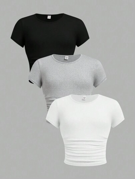 SHEIN Girlism 3 Piece Set Tween Girls Fitted Casual Solid Color Crew Neck Shirred Short Sleeve T-Shirts