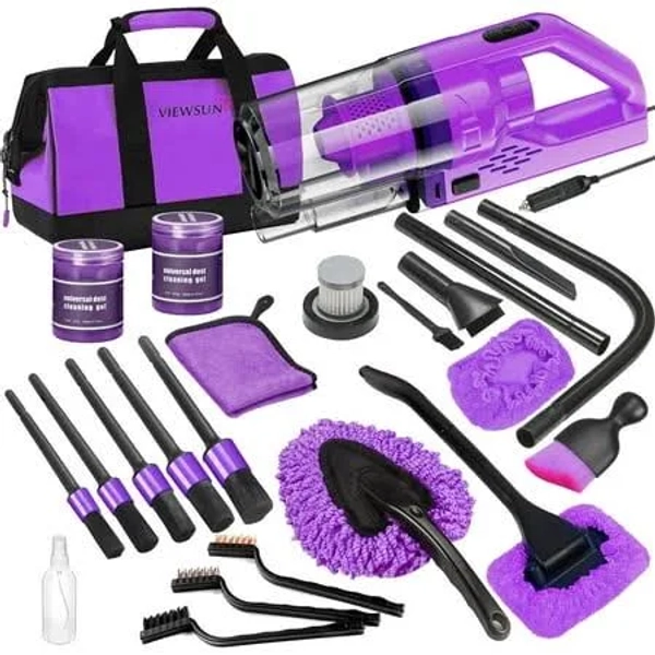 17pcs Car Cleaning Kit, Purple Car Interior Detailing Kit with High Power Handheld Vacuum, Detailing Brush Set, Windshield Cleaner, Cleaning Gel,