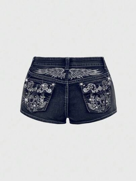 ROMWE Avant Spring/Summer Women's Y2K Vintage Wing Skull Embroidered Super Short Low Waist Denim Shorts - Size XS