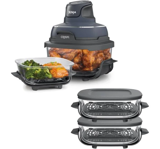 Ninja Crispi with Four Containers | 4-in-1 Portable Glass Air Fryer Cooking System | Comes with 6-Cup, Two 2.5-Qt, 4-Qt (Cyberspace) | FN101GYB