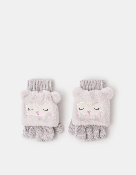 Girls Fluffy Owl Fingerless Gloves with Mittens Natural