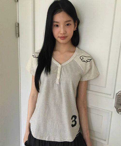 3-Button Angel Slim Fit T-Shirt [Stripe Gray]