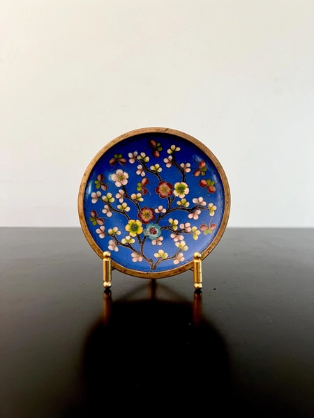 Vintage Cloisonne Enameled Trinket Dish, Chinese floral enamel Plate