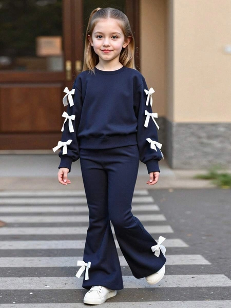 2pcs/Set Girls Casual Sweatshirt & Flare Pants Set, Bow Decor Long Sleeve Crew Neck Top, Elegant & Comfortable, Suitable For Spring/Autumn