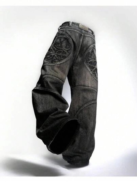 Y2K Cross Embellished Straight-Leg Jeans Retro Black Grey High Quality Comfortable Stylish Mens Denim Pants For Casual Wear  Fashion Streetwear Vintage Inspired Durable Stretch Fit All Day Comfort Perfect For Everyday Outfits Classic Design Versatile Wardrobe Essential Must-Have Jeans For Men