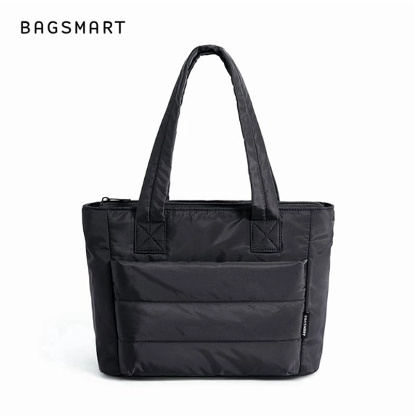 BAGSMART Tote Bag for Women, Lightweight Shoulder Bag with Compartments Puffy Handbag for Travel, Work, Beach, Gym, Shop, Black-Basic
