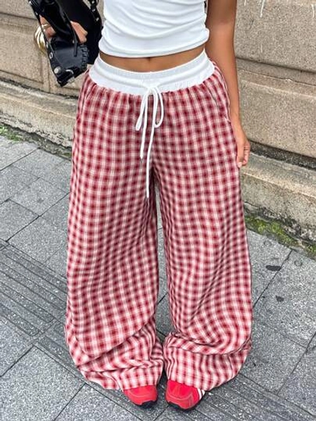 Coolane Women's Casual Loose Checked Wide Leg Pants
