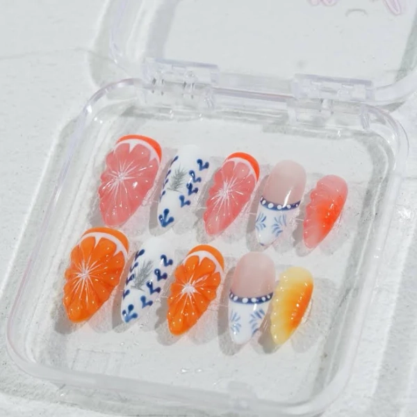 Chic Nails Handmade Fruit - Inspired & Floral Pattern Press - On Nails | Unique Citrus Slice & Blue - White Designs | US TikTok's Trending Summer