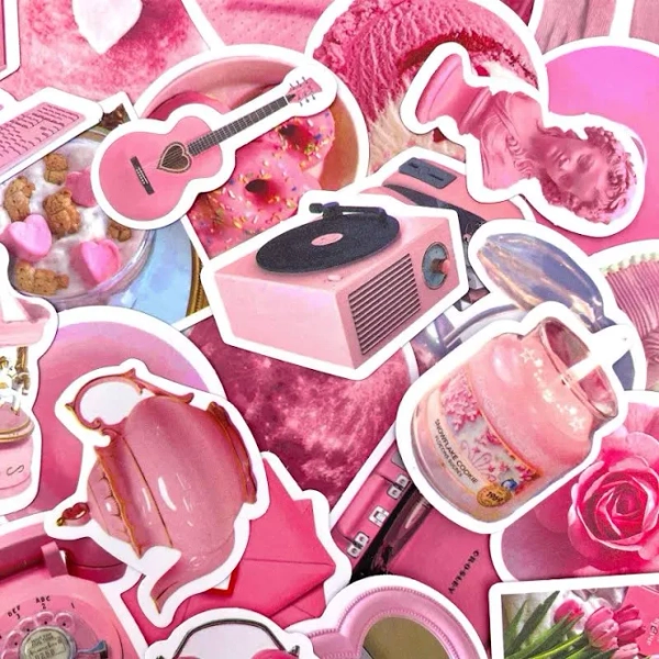 100 Random Pink Stickers, Retro Stickers, Kawaii Girly Pink Stickers, Unique Pink Colour Stickers Pack for Journal, Scrapbook, Stationery