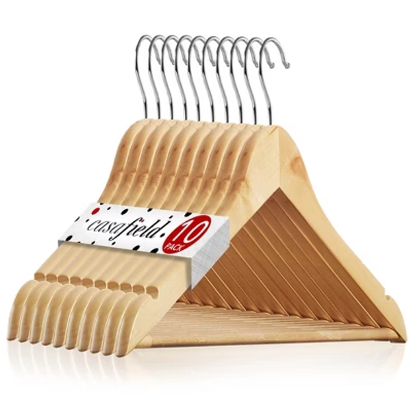 Casafield Wooden Suit Hangers, Non-Slip Pant Bar & Swivel Hook, Natural - Set of 10
