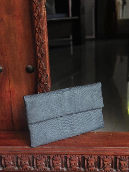 Genuine Python Skin Grey Clutch  | Small Evening Classy Elegant Snake Python Leather Flat  Clutch | Small Purse | Reptile Bags