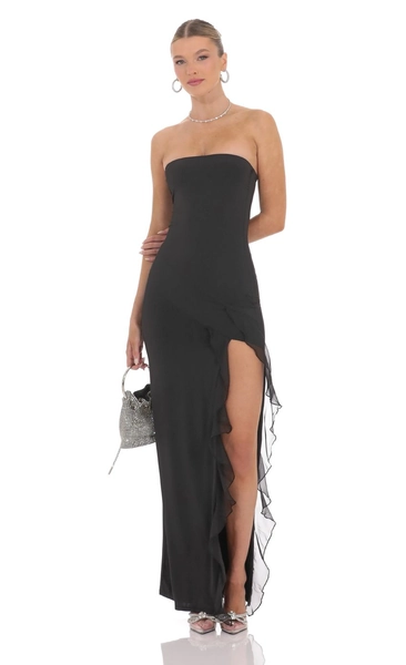 Strapless Ruffle Slit Maxi Dress in Black | LUCY IN THE SKY
