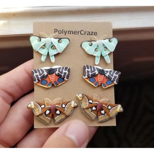 Polymer clay moth stud earrings, luna moth stud earrings, tiger moth earrings, atlas moth stud earrings, moth stud earrings jewelry gift