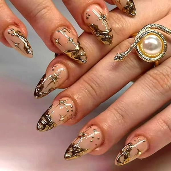 Gold Press on Nails Short Almond Fake Nails French Tip False Nail With 3D Gold Irregularity Chrome Design Nude Glue on Nails Glossy Acrylic Full Cover Star Moon Stick on Nail for Women 24Pcs