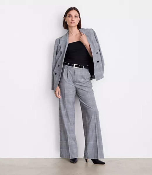 LOFT Versa Seasonless Stretch Double Pleat Wide Leg Pants in Plaid