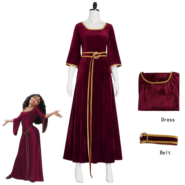 Cosplay Rapunzel Mother Gothel Burgundy Dress Palace Vintage Long Skirt Belt