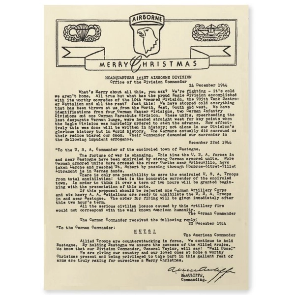 101st Airborne Christmas letter from Gen. McAuliffe