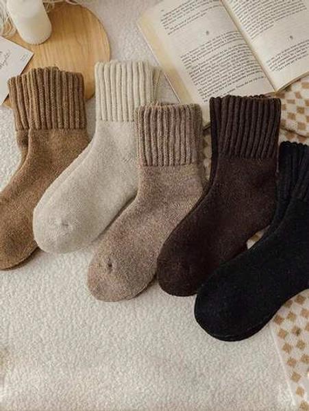 5pairs Women Winter Socks Warm Thick Knit Soft Vintage Casual Crew Socks Fuzzy Socks Knitted Socks For Women, Thick & Warm Socks For Women Wearing With Snow Boots Or Ankle Boots2pcs/6pcs/10pcs20pcs