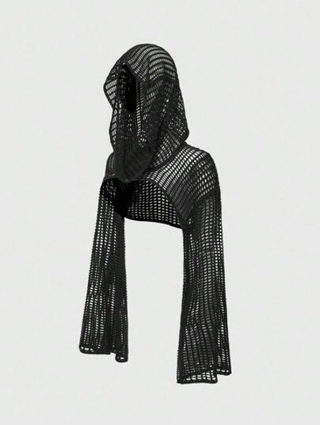 ROMWE Grunge Punk Women's Y2K Versatile Mesh Hollow Long Sleeve Hooded Sweater - Size L