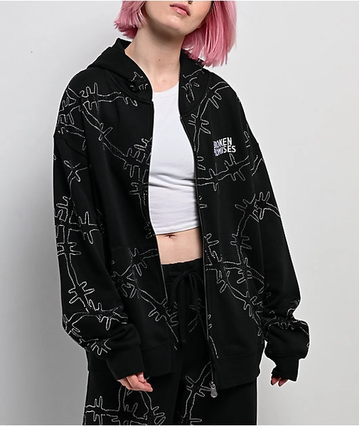 Broken Promises Ultrawire Rhinestone Black Zip Hoodie
