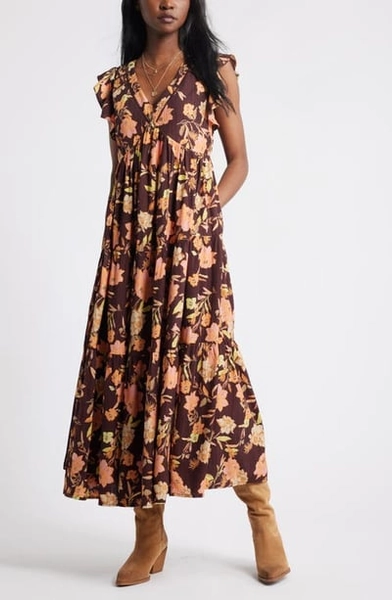 Treasure & Bond Crinkle Finish Flutter Sleeve Maxi Dress in Burg- Pink Jordan Floral at Nordstrom, Size X-Large