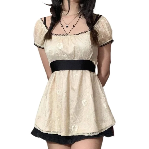 Women's Sweet Fairy Grunge Lace A-Line Patchwork Puff Sleeve Dress