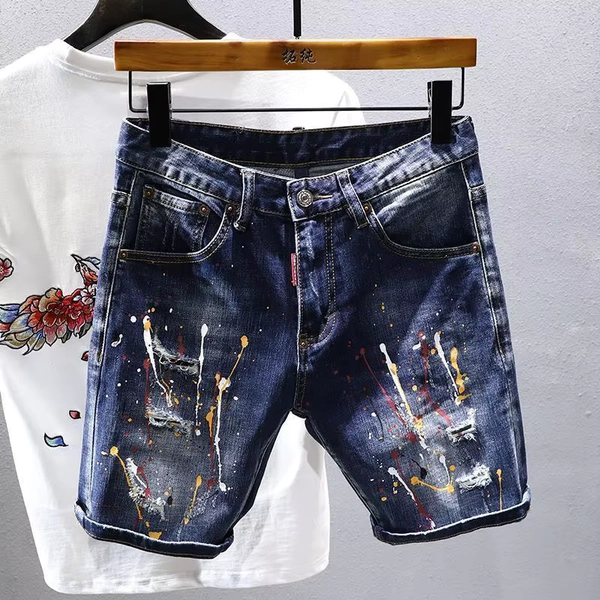 Korean Fashion 2025 Summer Men's Short Jeans Street Ripped Graffiti Paint Trendy Youth Straight Cropped Denim Men's Shorts - AliExpress 200000343