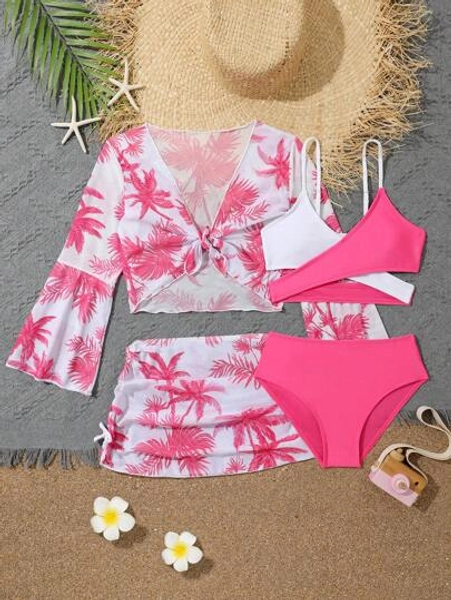 SHEIN 4pcs/Pack Tween Girl Colorblock Bikini Set With Coconut Tree Print Cover Up Set Summer Beach Summer Holiday