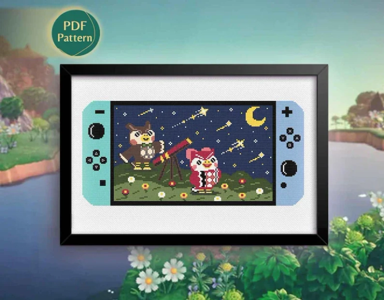 Animal Crossing Cross Stitch Pattern, Stargazing, Celeste, Blathers, New Horizons, Beginner, New Leaf, Stars, Telescope, Gaming, PDF Pattern