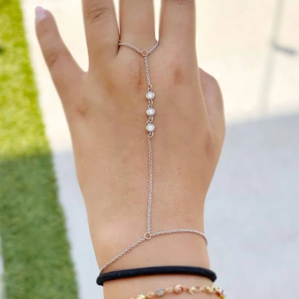 14K White Gold Round Cut Moissanite Finger Bracelet