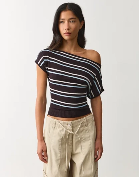 Off Shoulder Knit Top in Choc Vapor Winona Stripe | Glassons AU