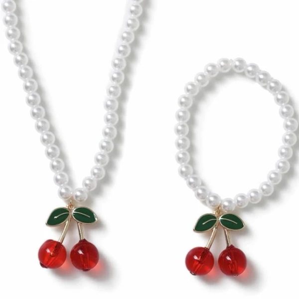 Flitzy Kids Pearl Beaded Chain Cherry Charm Jewellery Set