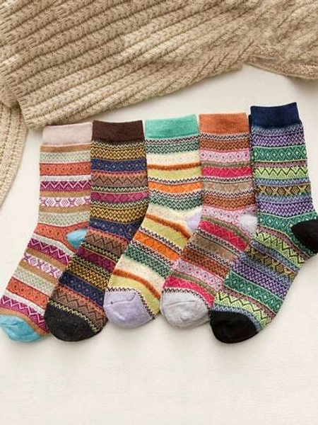 5 Pairs Of Women's Warm Winter Socks, Thick Knitted Warm And Comfortable Mid-Calf Socks For Women, Vintage Style Outdoor Casual Socks