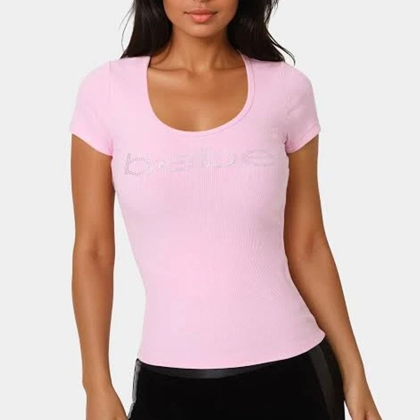 Women's Bebe Logo Short Sleeve Round Neck Rib Top